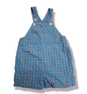 Old Navy Baby Blue & Orange Plaid Overall Shorts - Size 18-24 Months